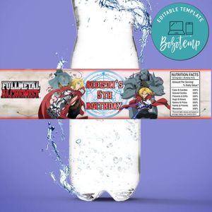 Fullmetal Alchemist Birthday Water Bottle Label Template to Print at Home Instant Download