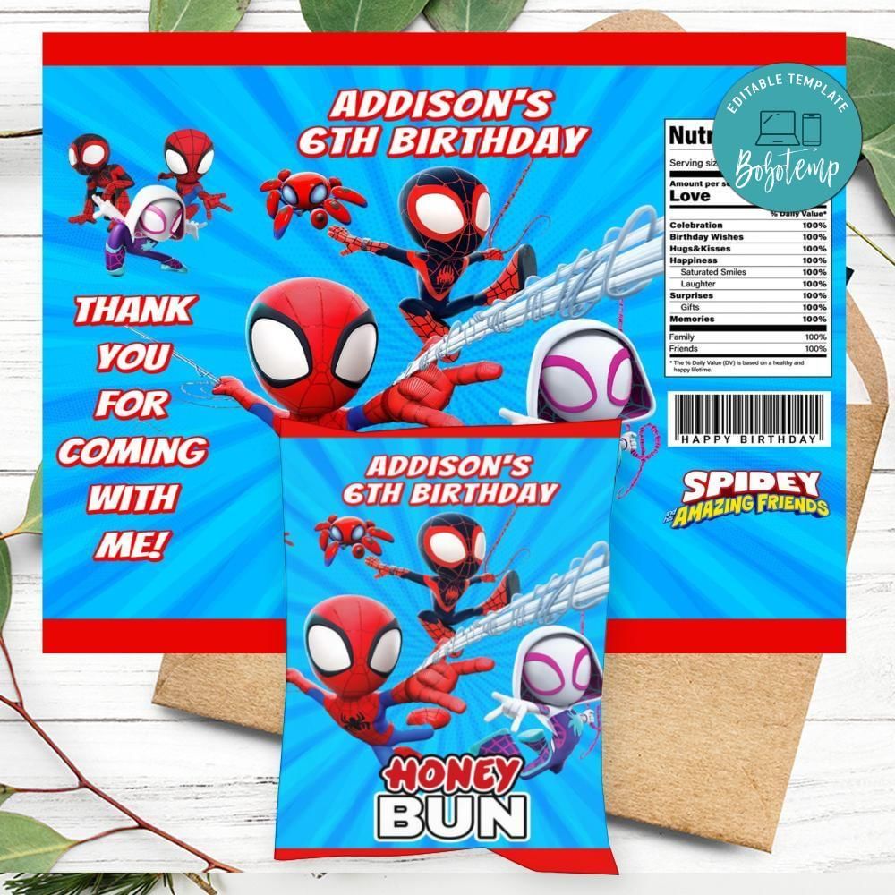 Spidey And His Amazing Friends Honeybun Snack Bag Digital File Printable Instant Download