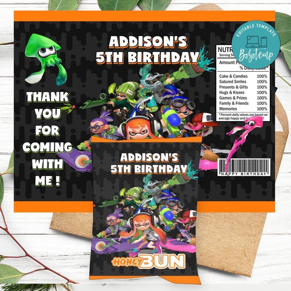 Splatoon Birthday Honey Buns Snack Bag Label Customizable Instant Download