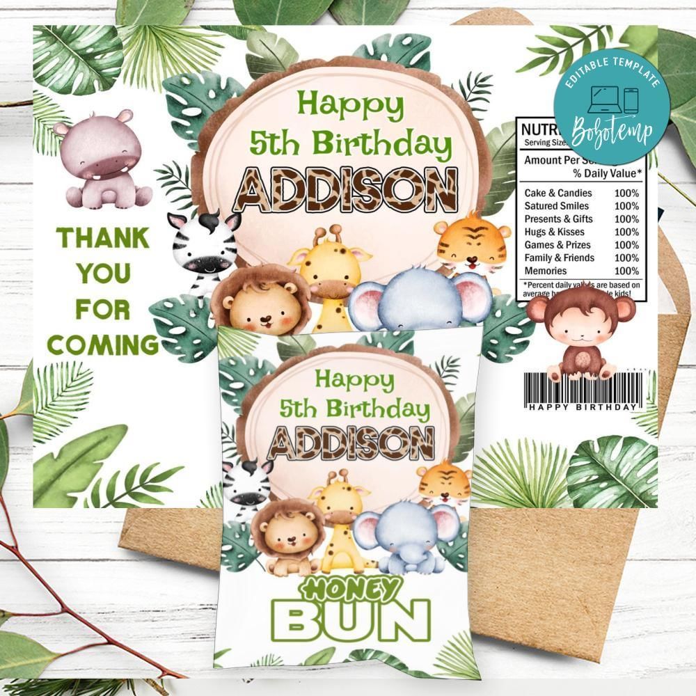 Jungle Safari Birthday Honey Buns Snack Bag Label Customizable Instant Download