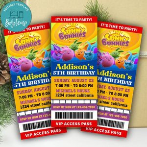 Sunny Bunnies Ticket Invitation Customizable Template Instant Download