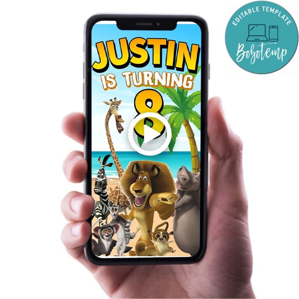 Madagascar Birthday Video Invitation Digital Template Customizable Instant Download