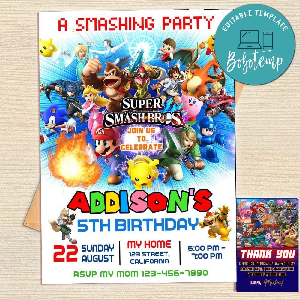 Super Smash Brothers Invitation Template Free Thank You Card Printable