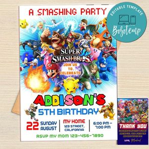 Super Smash Brothers Invitation Template Free Thank You Card Printable