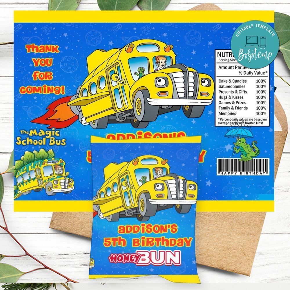 Magic School Bus Birthday Honey Buns Snack Bag Label Customizable Instant Download