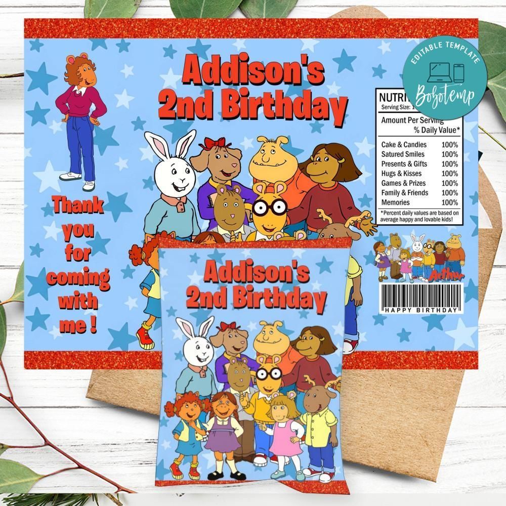 Arthur Birthday Chip Bag Label Customizable Instant Download