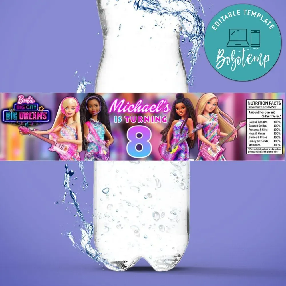 Barbie Big City Dream Birthday Water Bottle Label Template | Bobotemp