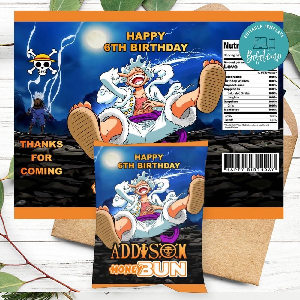 Luffy Gear 5 Birthday Honey Buns Snack Bag Label Customizable Instant Download