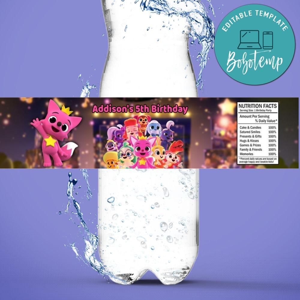Pinkfong Bottle Label Birthday Water Bottle Label Template to Print at Home Instant Download