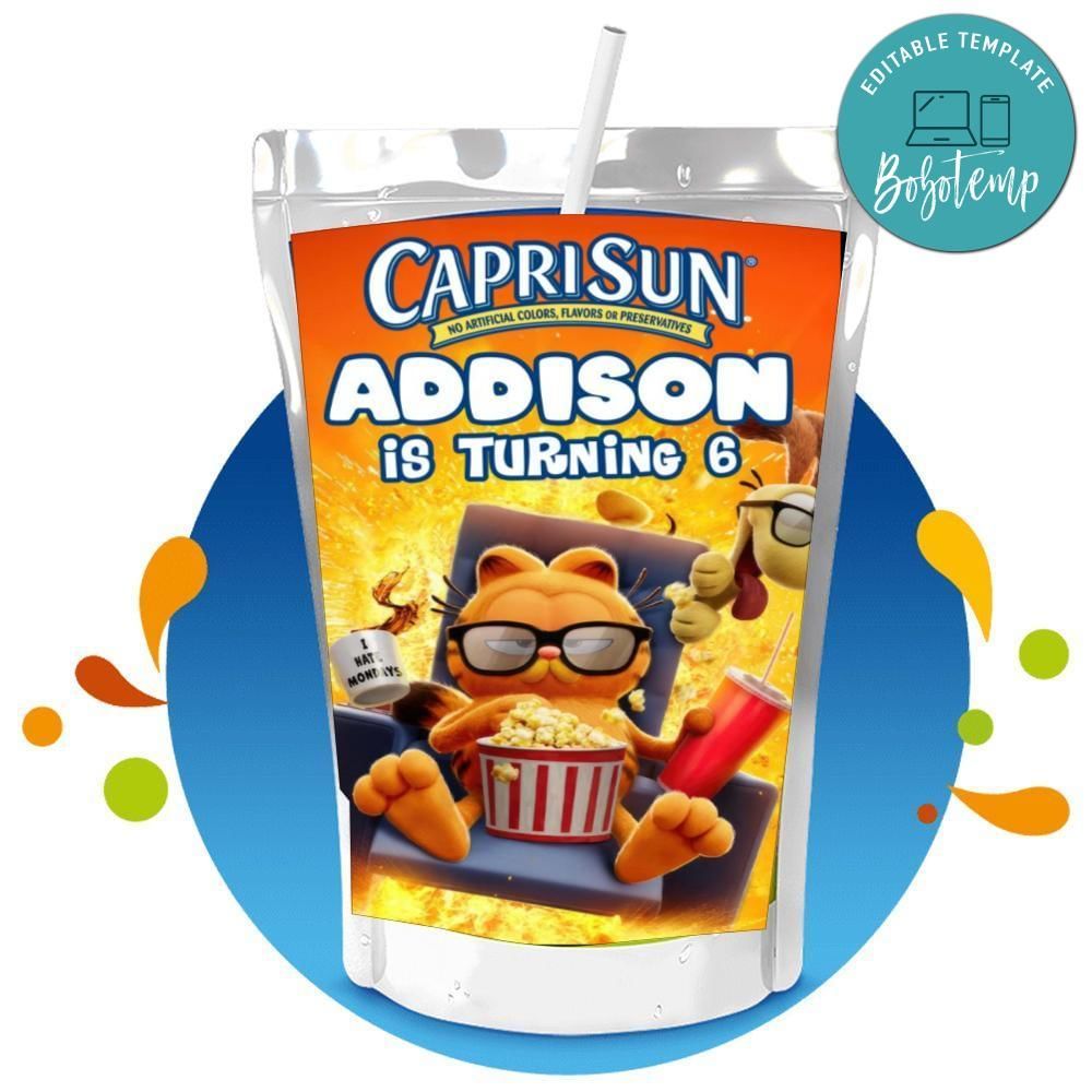 Garfield Capri Sun Birthday Label Digital File Printable Instant Download