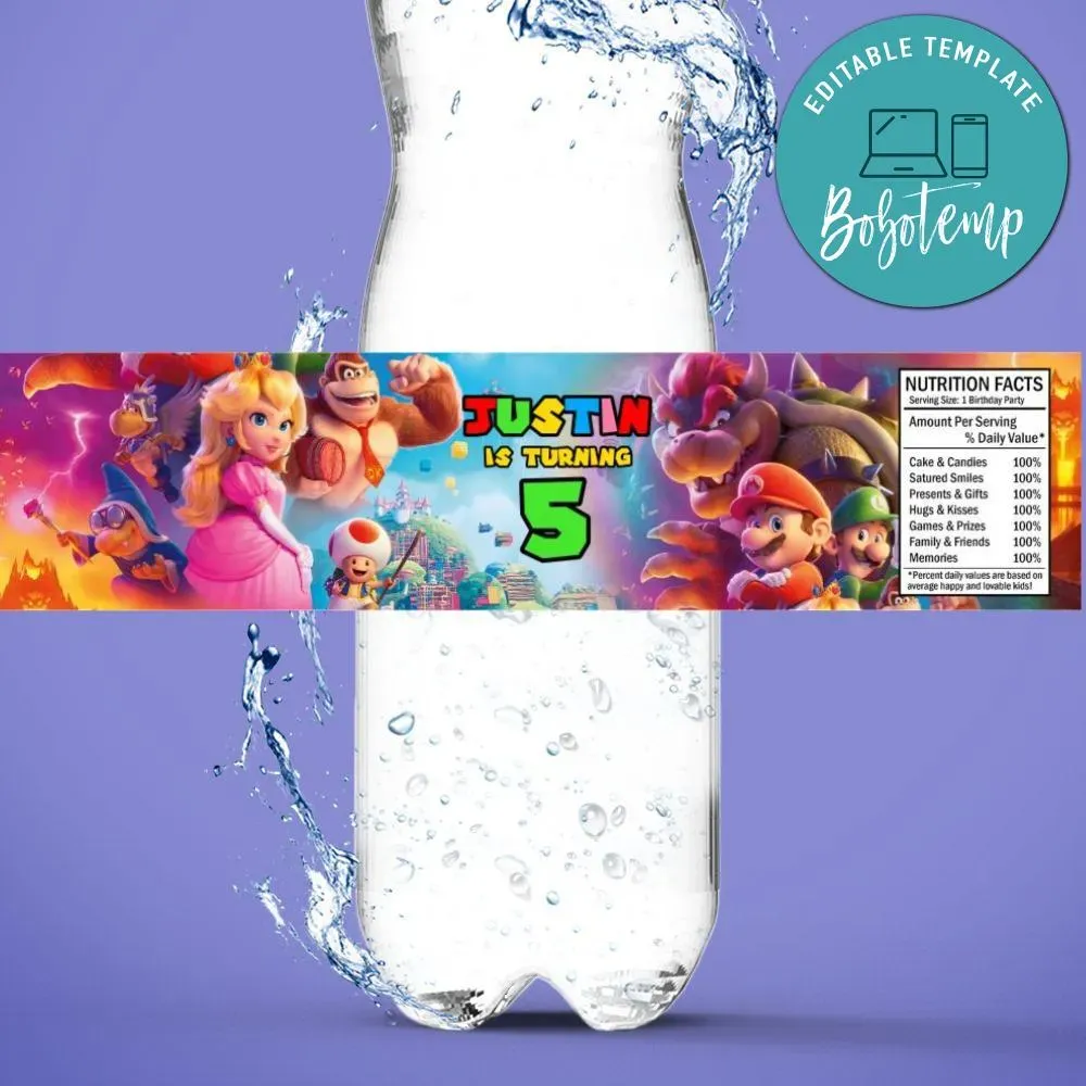 Super Mario Bros Birthday Water Bottle Label Template | Bobotemp