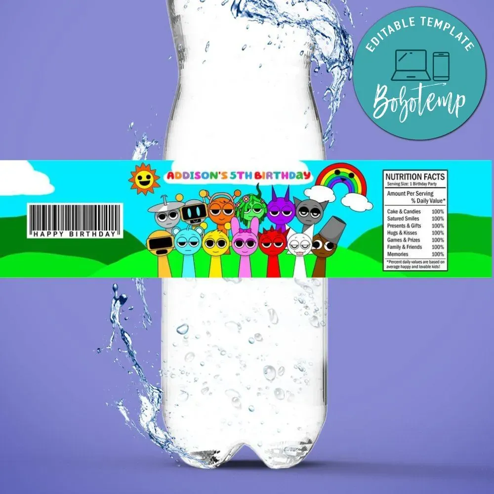 Sprunki Birthday Water Bottle Label Template | Bobotemp