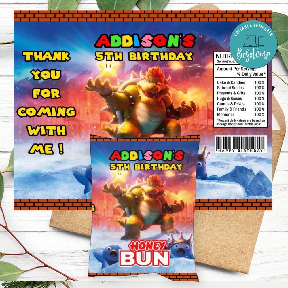 Bowser Birthday Honey Buns Snack Bag Label Customizable Instant Download