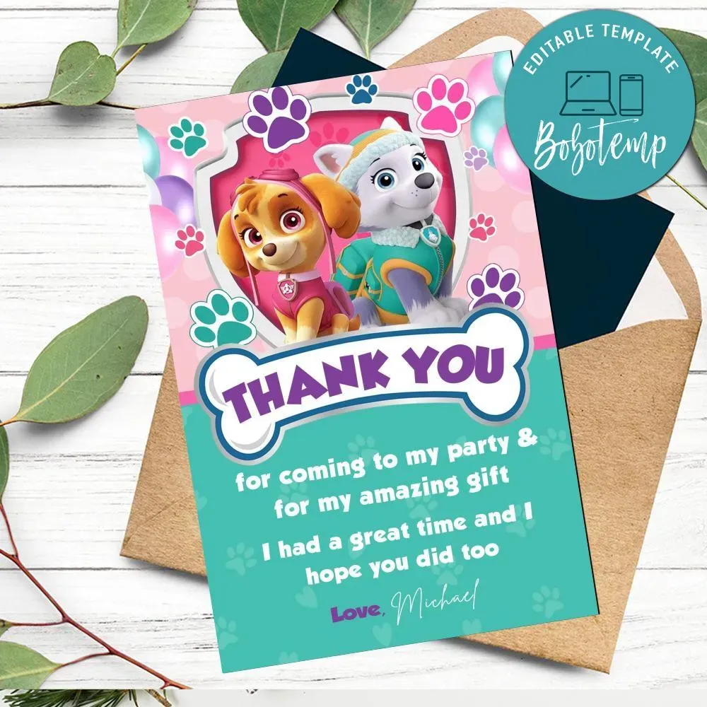 Skye And Everest Thank You Card Customizable Template DIY | Bobotemp
