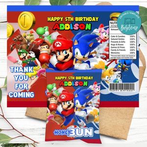 Sonic Mario Birthday Honey Buns Snack Bag Label Customizable Instant Download