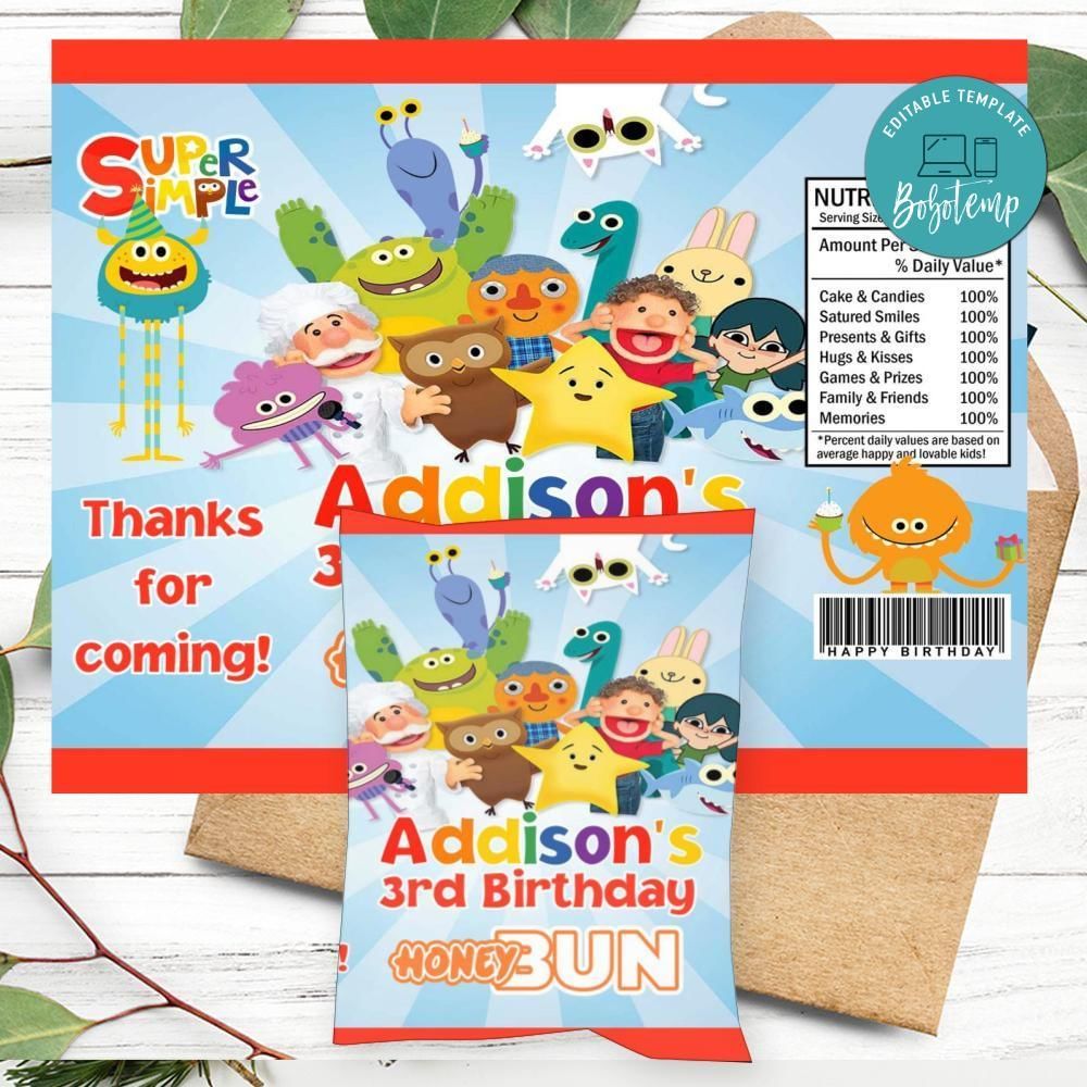 Super Simple Song Birthday Honey Buns Snack Bag Label Customizable Instant Download