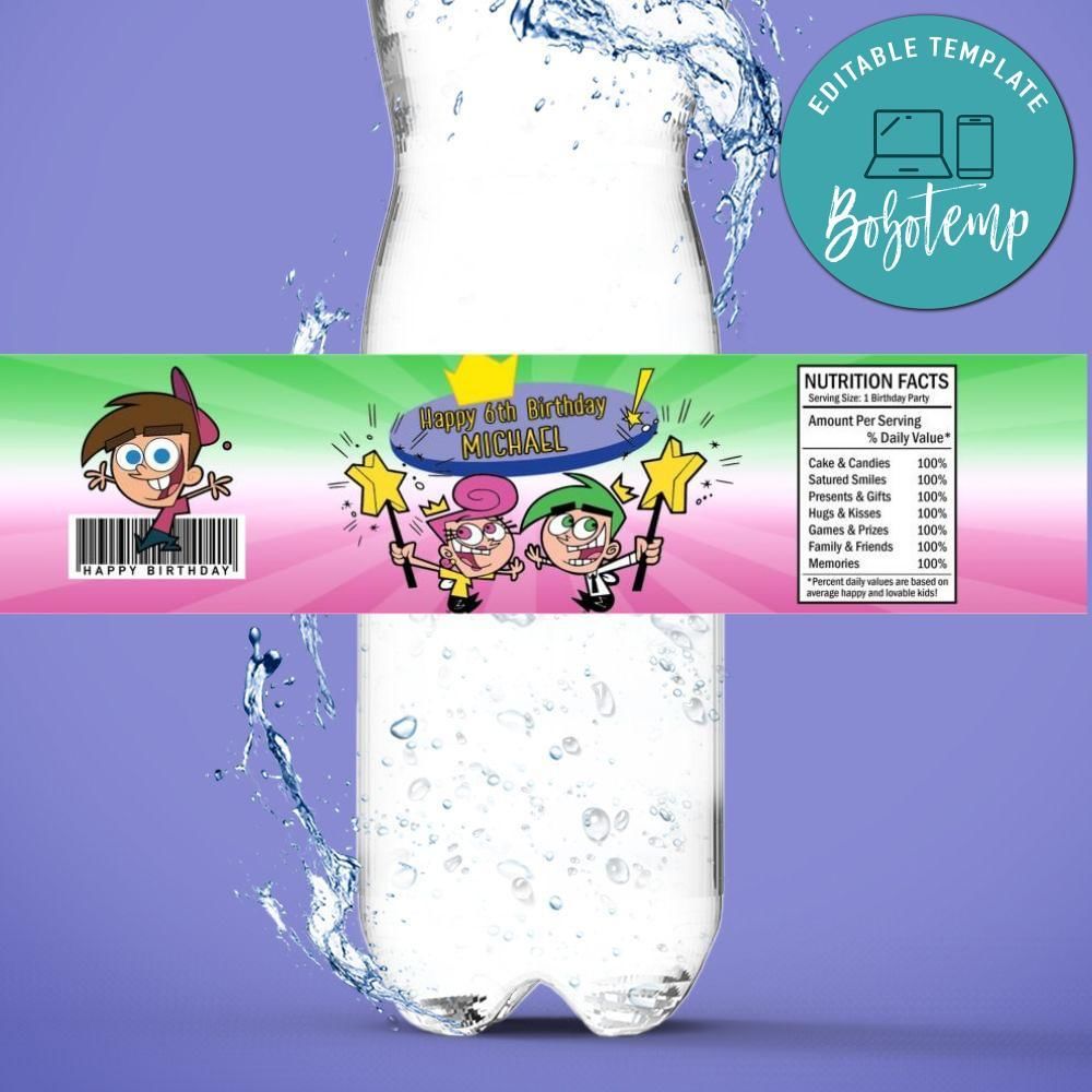 The Fairly OddParents Birthday Water Bottle Label Template to Print at Home Instant Download