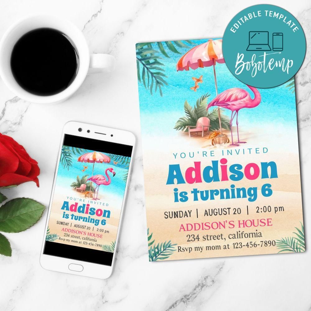 Flamingo Beach Mobile Invite Customizable Template Instant Download