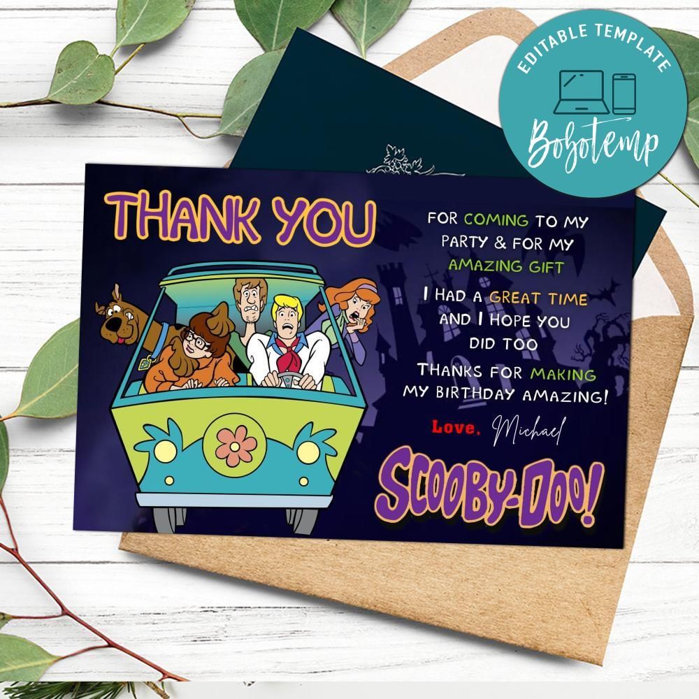 Scooby Doo Thank You Card Customizable Template DIY | Bobotemp