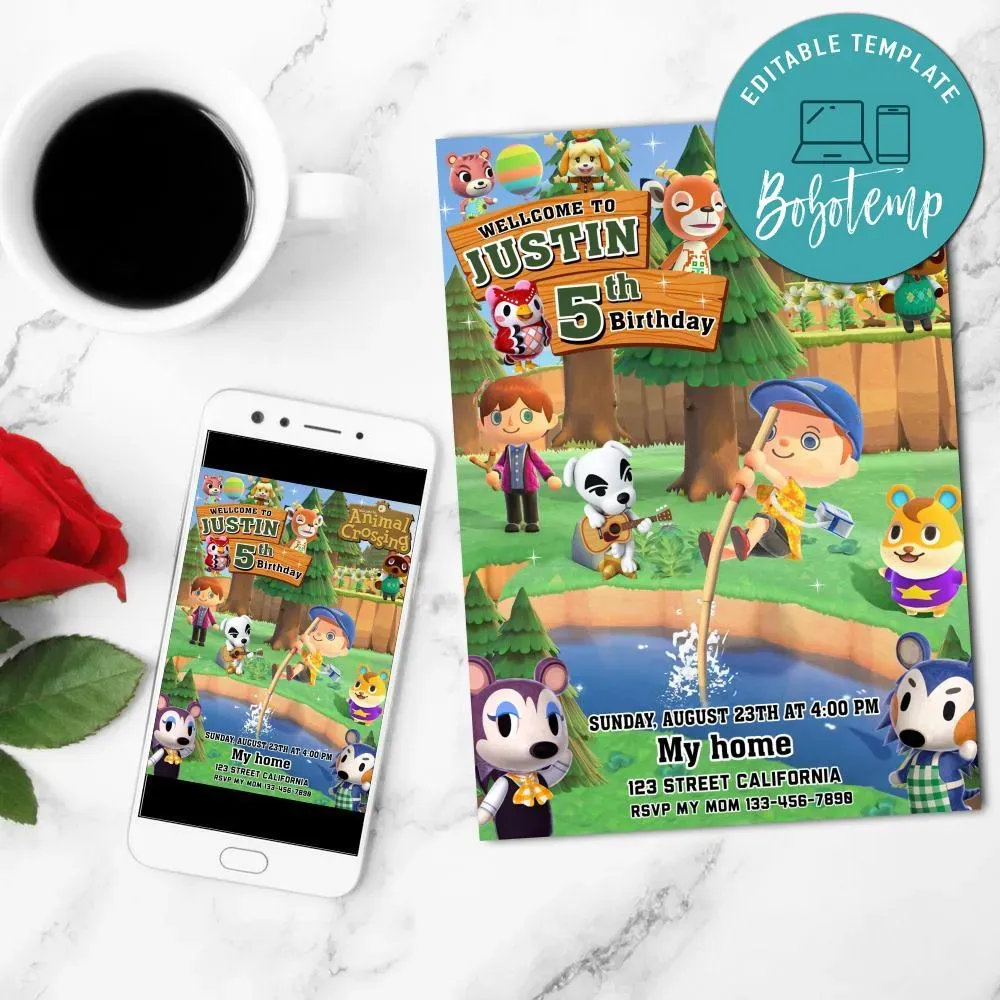 Animal Crossing Birthday Invitation Customizable Template DIY Bobotemp