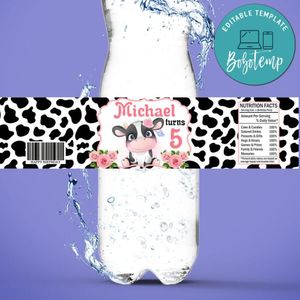 Cow Girl Birthday Water Bottle Label Template to Print at Home Instant Download