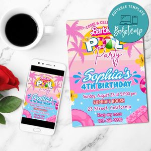 Malibu Barbie Party Invitation Customizable Template to Print at Home Instant Download