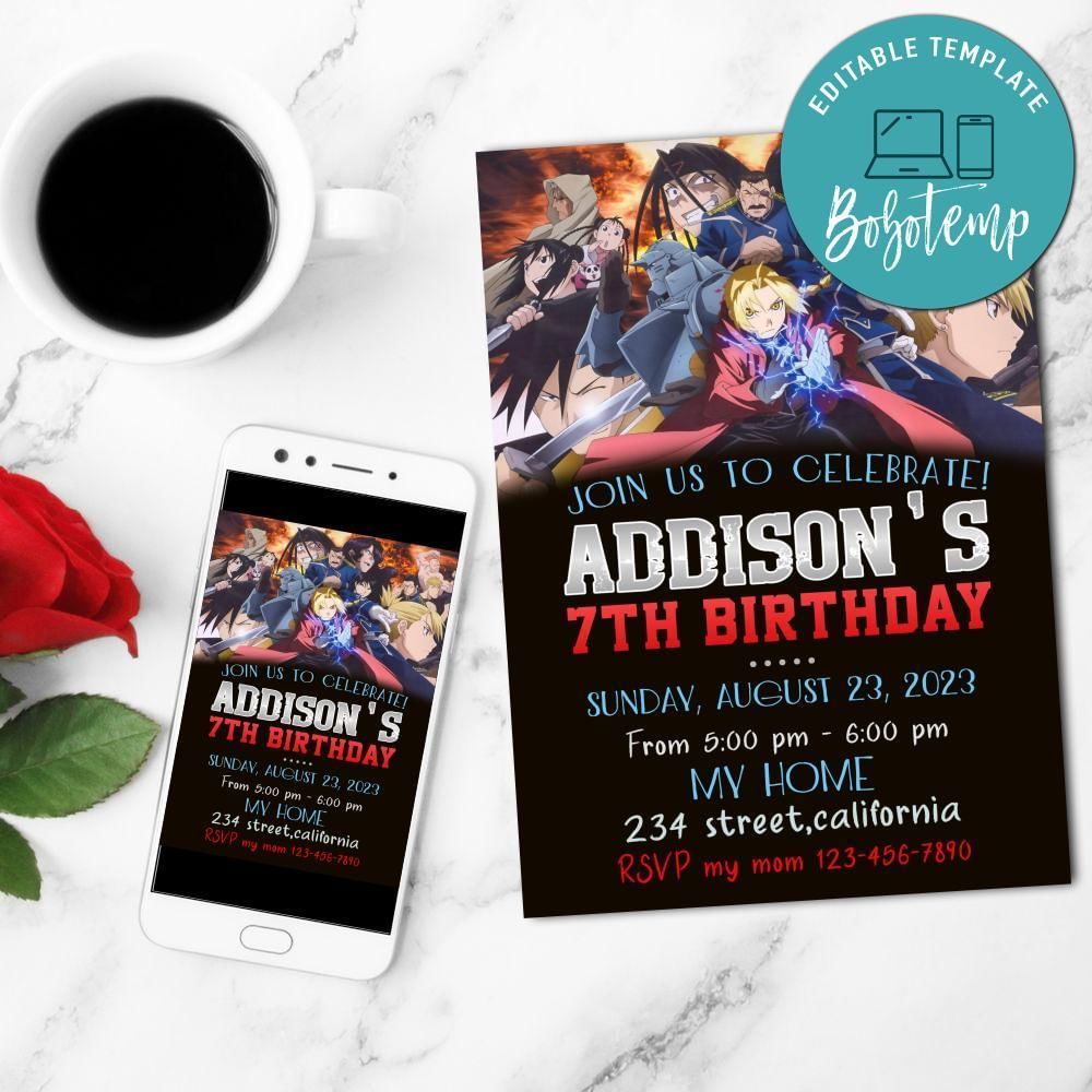 Fullmetal Alchemist Mobile Invite Customizable Template Instant Download