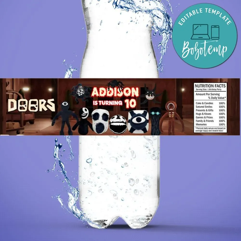 Doors scary game Birthday Water Bottle Label Template | Bobotemp