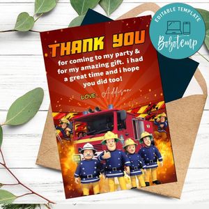 Fireman Sam Thank You Card Customizable Template To Print At Home Instant Download