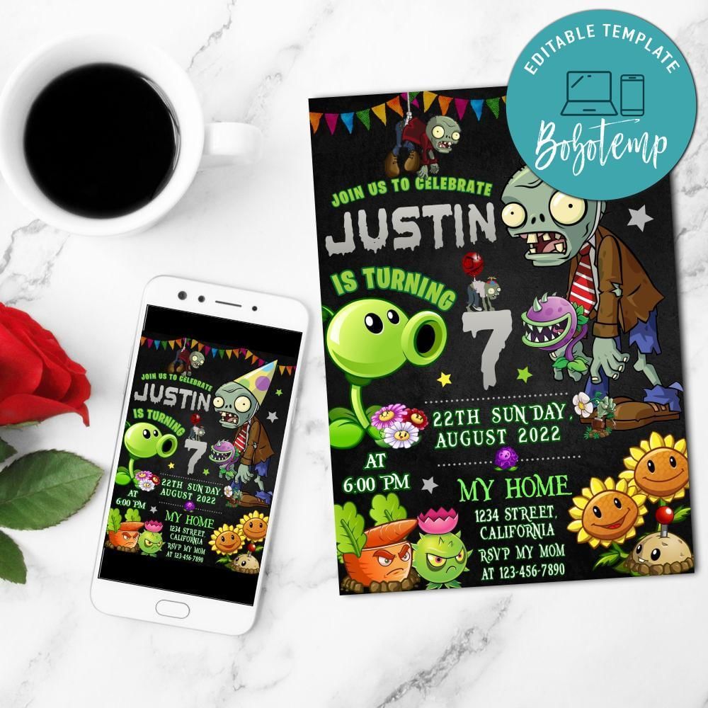 Plants Versus Zombies Mobile Invite Customizable Template Instant Download