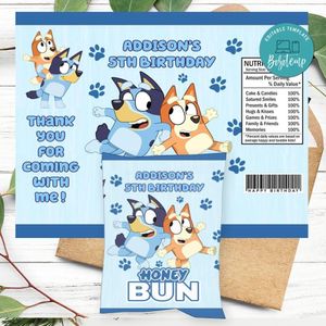 Bluey Birthday Honey Buns Snack Bag Label Customizable Instant Download