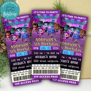 Super Monster Ticket Invitation Customizable Template Instant Download