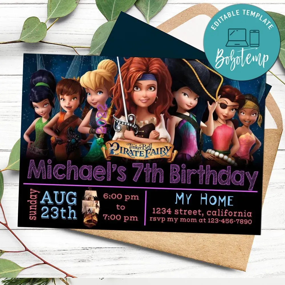 Disney's The Pirate Fairy Invitation Customizable Template DIY | Bobotemp