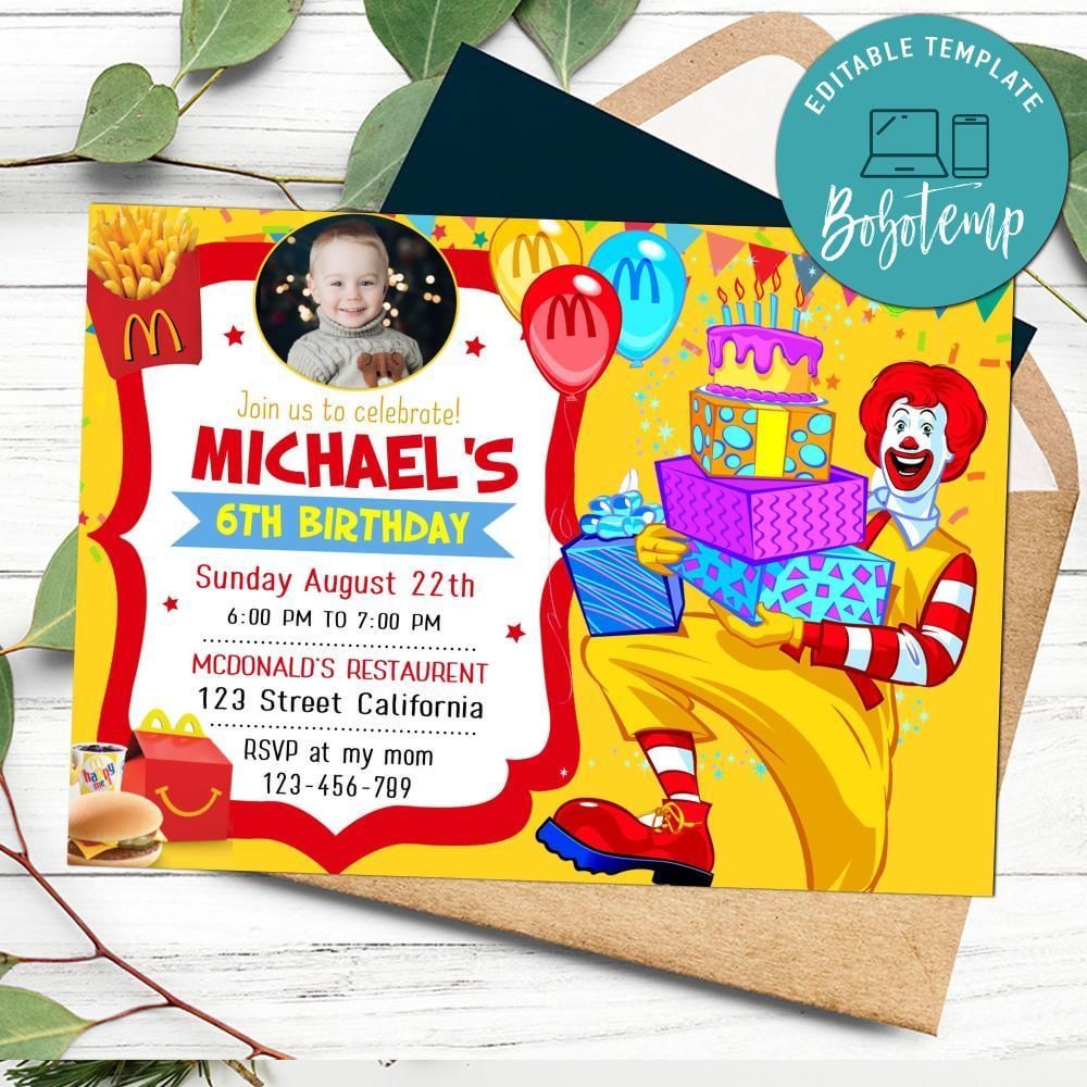 McDonald Birthday Invitation with Photo Customizable Template to Print at Home Instant Download