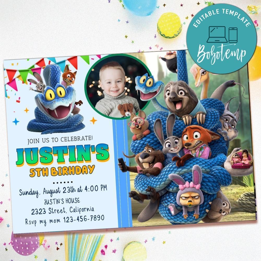 Zootopia 2 Birthday Invitation with Photo Customizable Template to Print at Home Instant Download