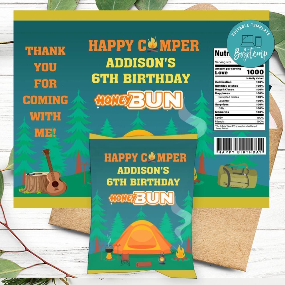 Camping Birthday Honey Buns Snack Bag Label Customizable Instant Download