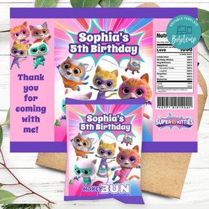 Super Kitties Birthday Honey Buns Snack Bag Label Customizable Instant Download