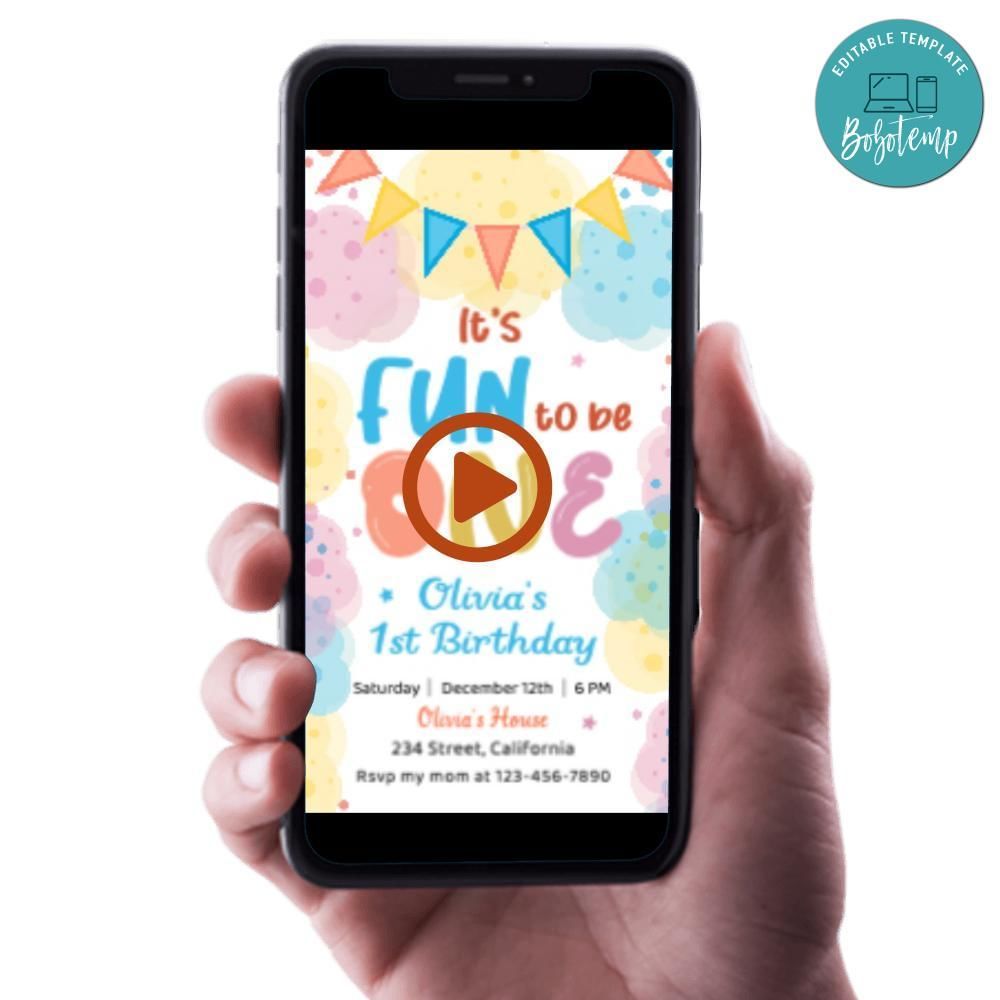 It's fun to be one Video Birthday Invitation Digital Template Customizable Instant Download