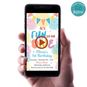 It's fun to be one Video Birthday Invitation Digital Template Customizable Instant Download