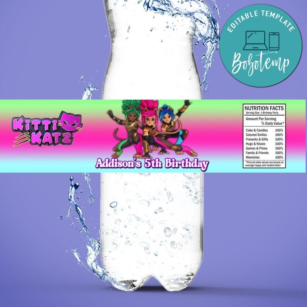 Kitti Katz Birthday Water Bottle Label Template to Print at Home Instant Download