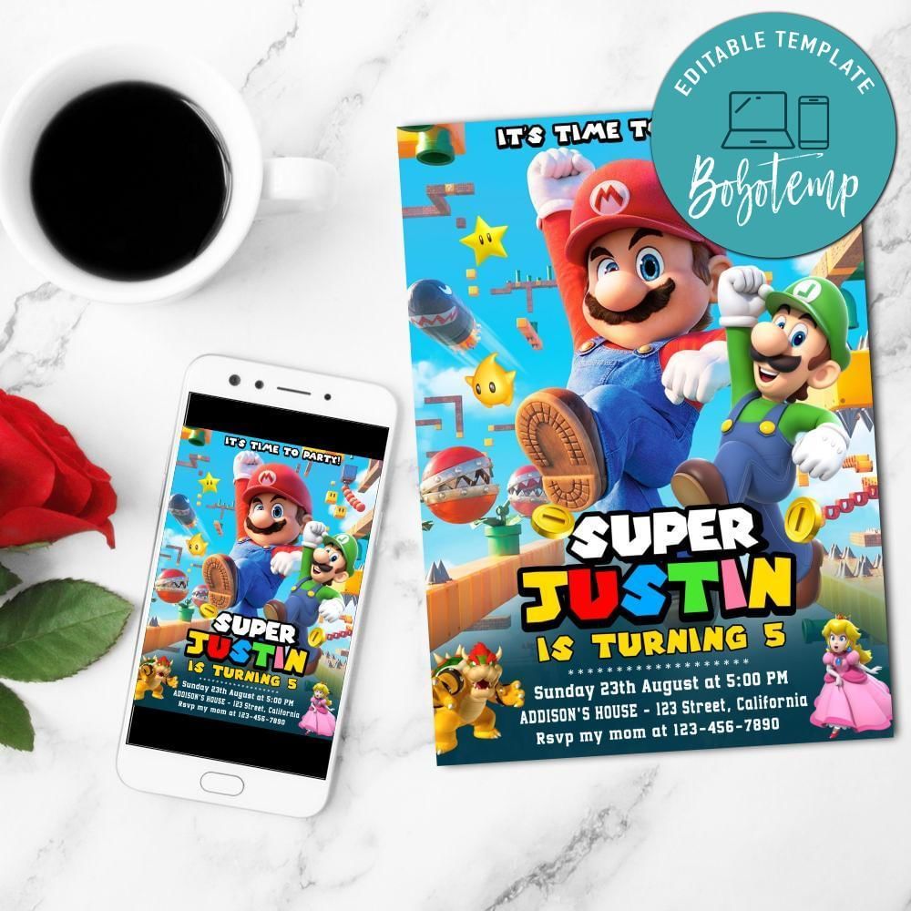 Super Mario Birthday Mobile Invite Customizable Template Instant Download
