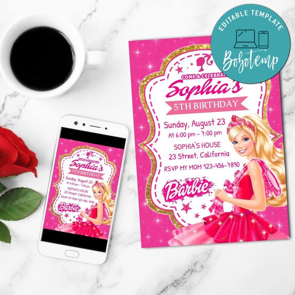 Sparkling barbie Invitation Customizable Template to Print at Home Instant Download
