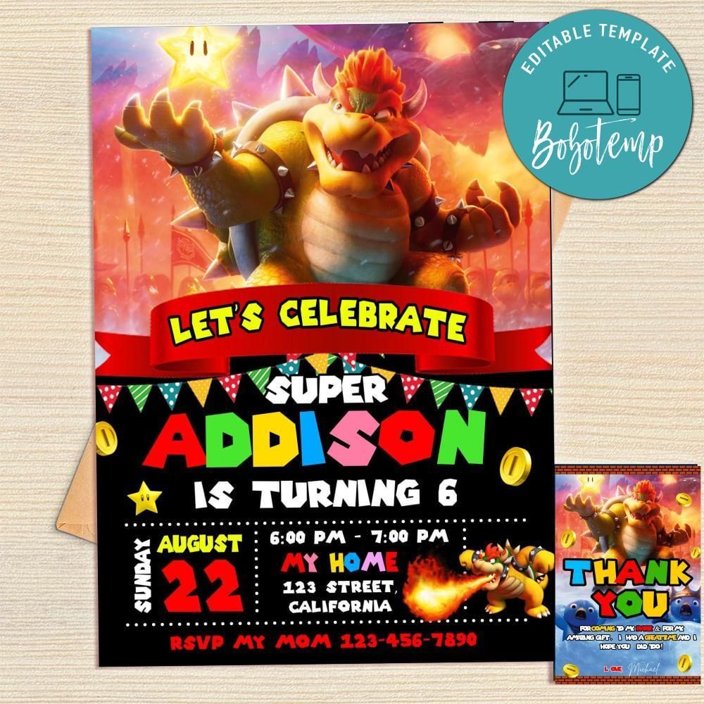 Bowser Invitation Template Free Thank You Card Printable