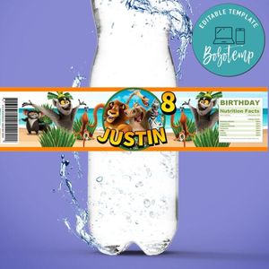 Madagascar Birthday Water Bottle Label Template to Print at Home Instant Download
