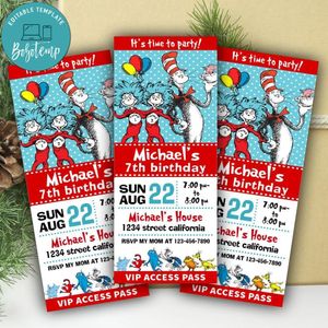 Dr. Seuss Ticket Invitation Customizable Template Instant Download