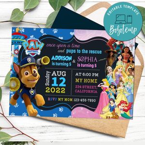 Paw patrol and Disney princesses Invitation Customizable Template to Print at Home Instant Download