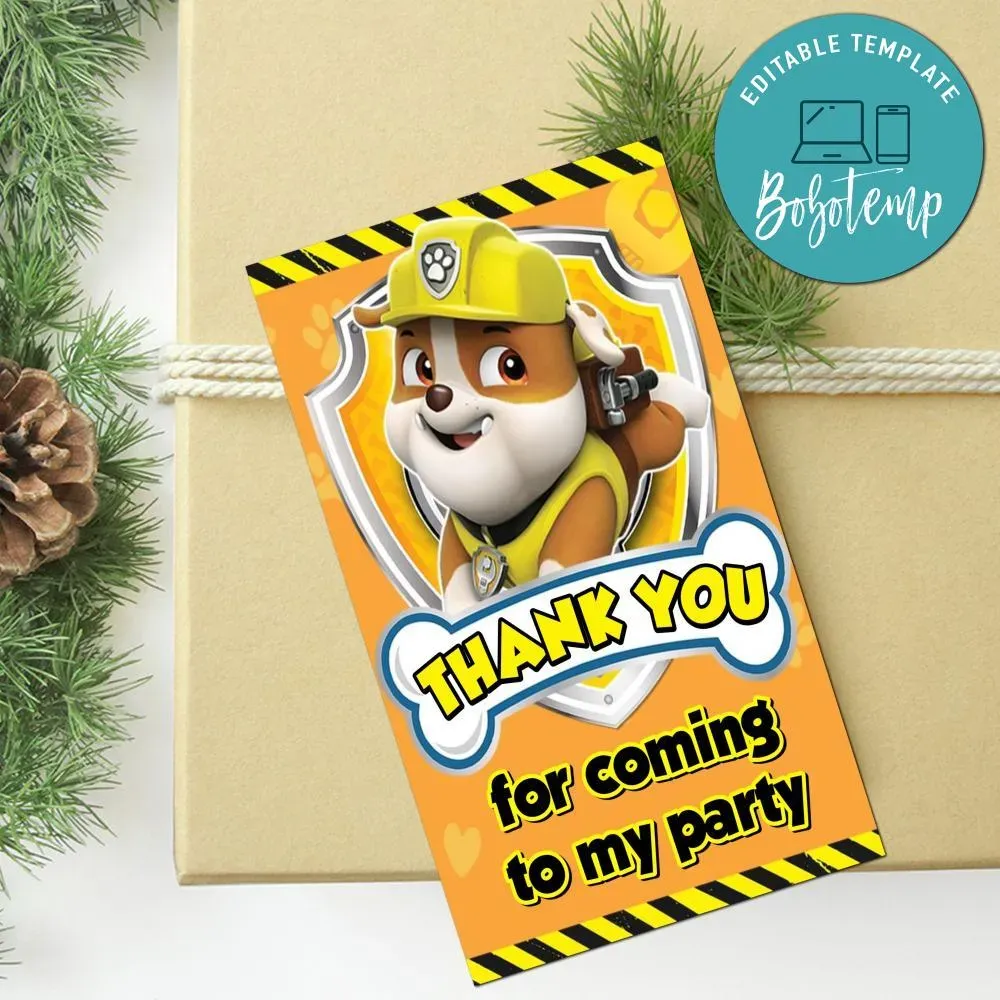 Rubble Paw Patrol Thank You Tag Customizable Template | Bobotemp