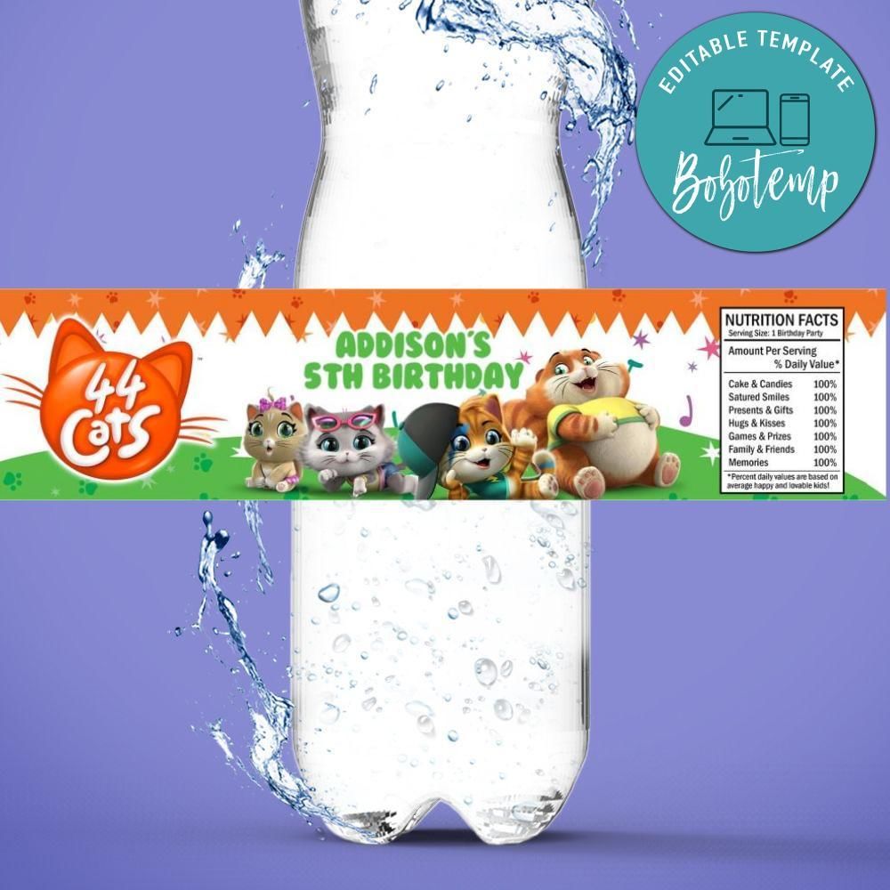 44 cats Bottle Label Birthday Water Bottle Label Template to Print at Home Instant Download