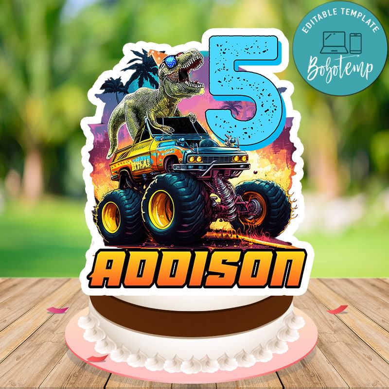 T Rex Monster Truck Birthday Cake Topper Template Printable | Bobotemp for Free Printable Monster Truck Cupcake Toppers