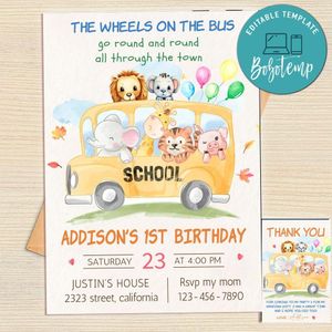 School Bus Animals Invitation Template Free Thank You Card Printable